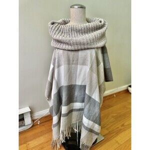 Fraas Gray White Beige Plaid Knit Cowl Neck Blanket Fringed Poncho OS